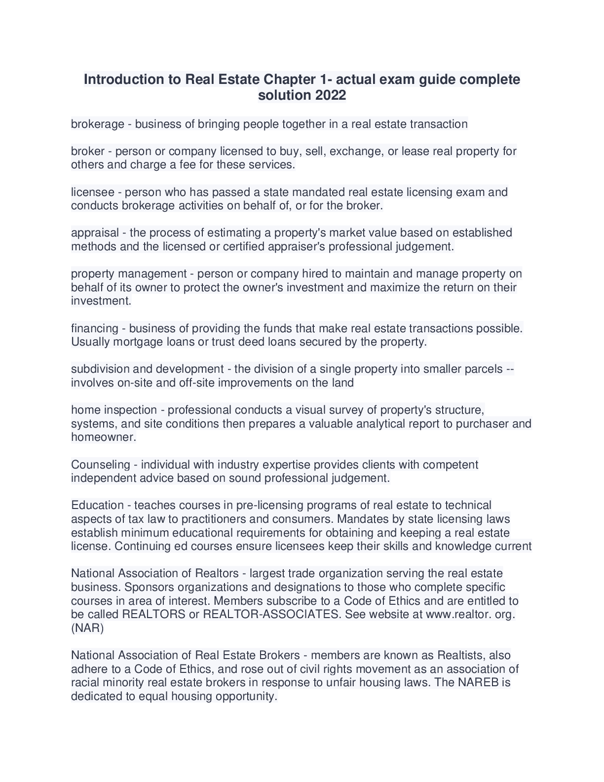 Introduction to Real Estate Chapter 1 actual exam guide complete